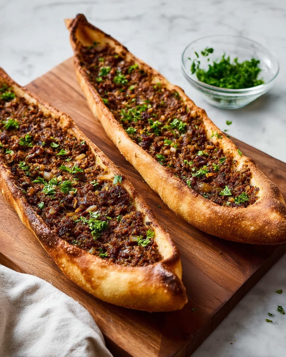 Two long, boat-shaped flatbreads with thick, golden-brown crusts sit on a wooden board on a white marbled surface. Each flatbread is filled with a dense layer of dark brown spiced minced meat mixed with small pieces of onion and herbs, scattered with green parsley on top. In the background, a small clear glass bowl holds fresh chopped green herbs, and a white cloth is casually draped near the board. The texture of the crust is slightly shiny, contrasting with the rich, crumbly meat topping. Photo taken with an iphone --ar 4:5 --v 7