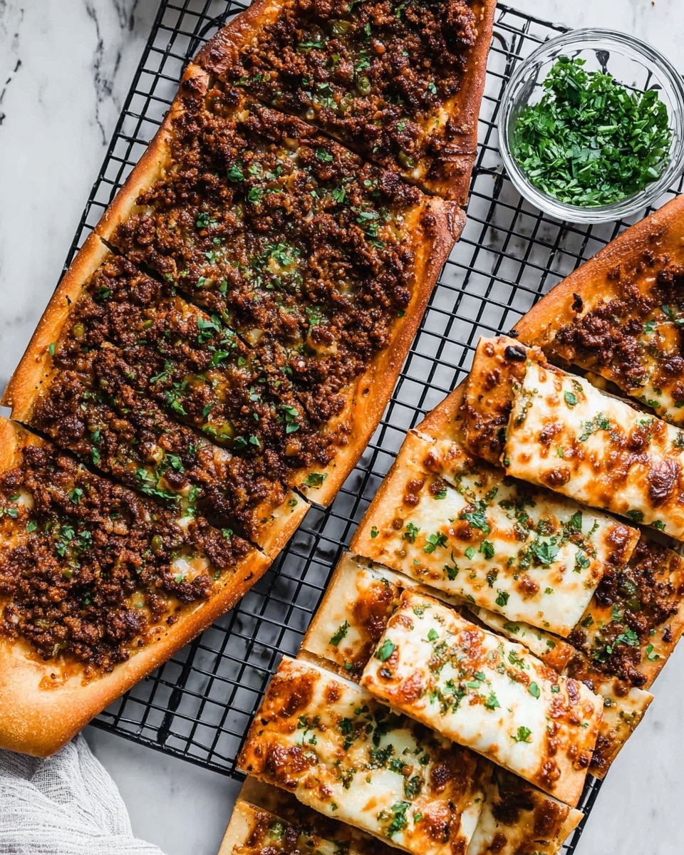 The image shows two long boat-shaped flatbreads on a black cooling rack over a white marbled surface. One flatbread is topped with a thick layer of browned ground meat mixed with finely chopped vegetables and green herbs, giving it a textured dark brown and green look. The other flatbread has a golden-brown crust with melted white and light brown bubbly cheese on top, sprinkled with small green herb bits, and it is cut into several long rectangular slices stacked over each other. A small clear glass bowl with chopped green herbs is placed nearby, and a white cloth is partially visible at the bottom edge. Photo taken with an iphone --ar 4:5 --v 7