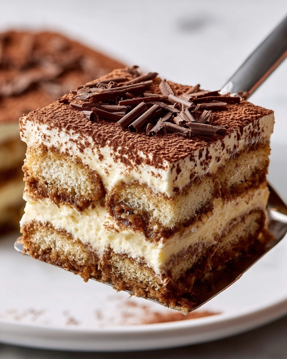The image shows a close-up slice of tiramisu held by a metal spatula above a white plate with more tiramisu. The slice has two main sponge cake layers soaked in coffee, light brown in color and soft in texture. Between these layers and on top is a smooth, creamy pale yellow mascarpone cream layer. The top is dusted with dark brown cocoa powder and scattered with thin, dark chocolate shavings. The background surface has a white marbled texture. photo taken with an iphone --ar 4:5 --v 7