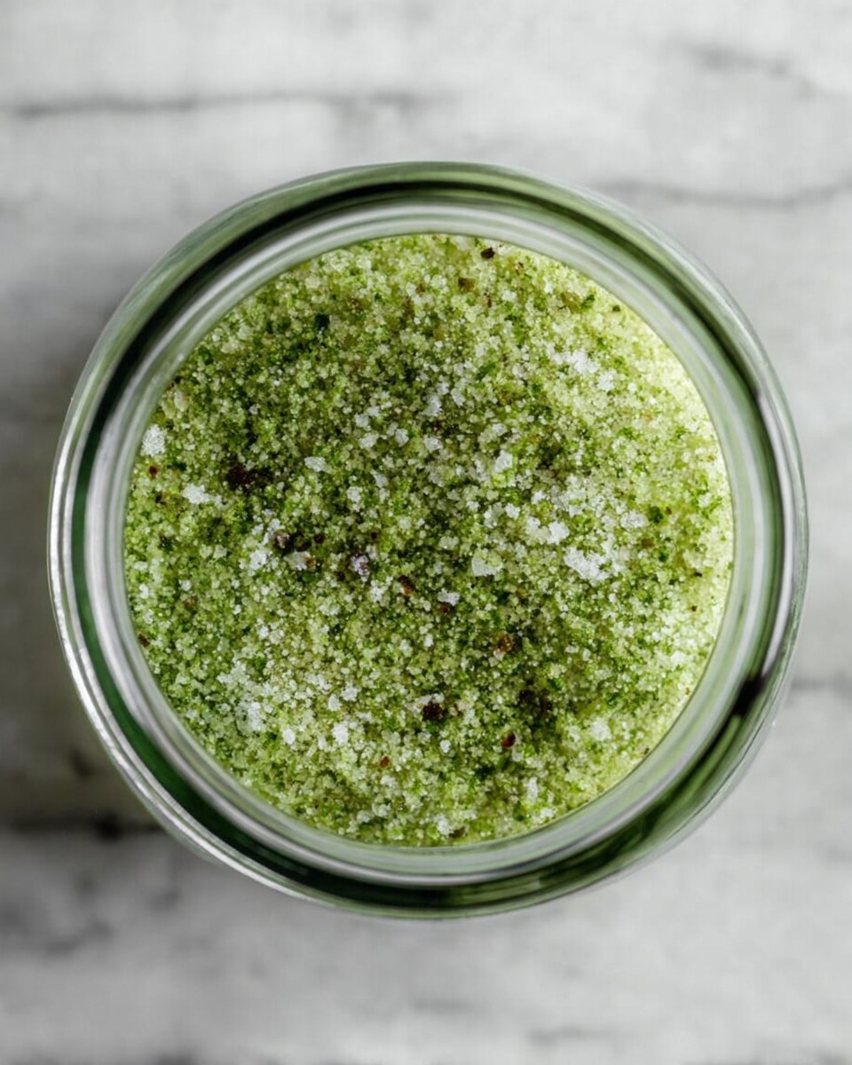 This image shows a close-up top view of a glass jar filled with a finely ground green mixture. The mixture has a grainy texture with small white salt crystals sprinkled throughout, along with tiny dark green and black specks. The jar is placed on a white marbled surface that adds a clean and fresh look to the setting. photo taken with an iphone --ar 4:5 --v 7