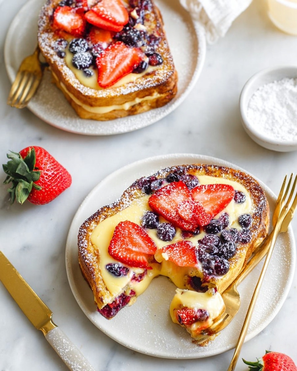 Two slices of French toast on white plates, each slice topped with a creamy yellow layer of custard and decorated with bright red strawberry slices and dark purple blueberries. The toast edges are golden brown and dusted with white powdered sugar. One plate has a whole strawberry on the side, and a gold fork near a piece of toast with a bite taken out shows the soft inside. A small white bowl with powdered sugar and a gold knife are nearby, all on a white marbled surface. Photo taken with an iphone --ar 4:5 --v 7
