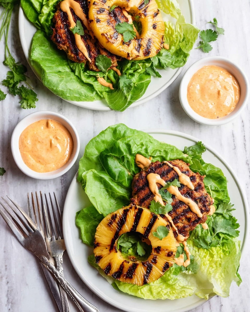 Two white plates on a white marbled surface each have two layers of food: the bottom layer is bright green lettuce leaves with crisp texture, topped by round, thick, brown grilled patties with visible char marks. On top of each patty lies a grilled pineapple ring with dark caramelized lines. Both pineapple rings and patties have a drizzle of light orange creamy sauce. Small fresh green cilantro leaves are sprinkled on top. Each plate also holds a small white bowl filled with a light orange creamy sauce on the side. Two silver forks are placed near the plates. photo taken with an iphone --ar 4:5 --v 7