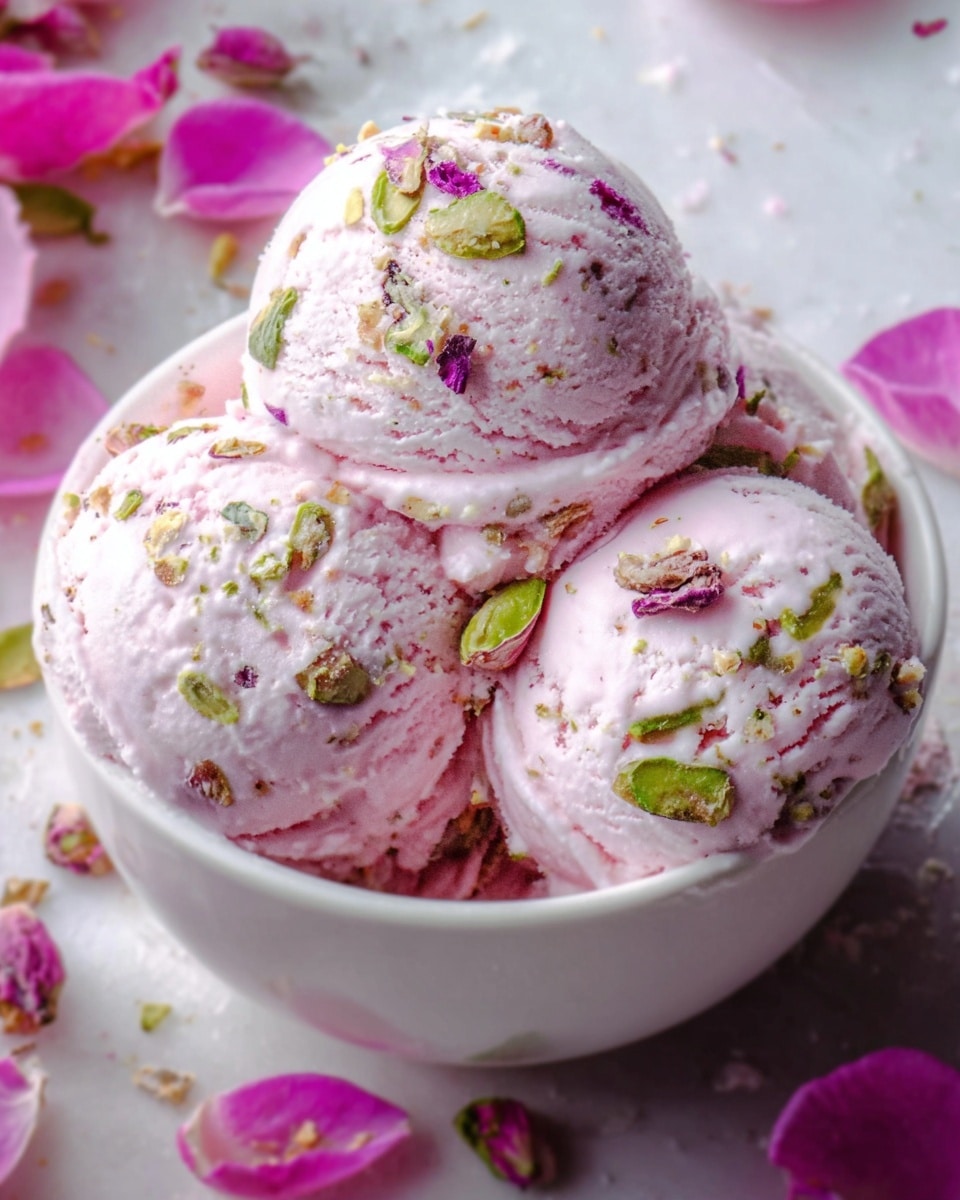 The image shows a close-up of three scoops of light pink ice cream with small pieces of crushed nuts and bits of petals mixed inside, placed in a white bowl. The texture of the ice cream looks smooth and creamy with visible swirls and flecks of green and purple petals scattered on top. Around the bowl, there are pink flower petals softly scattered, adding a delicate touch. The scene is set on a white marbled surface with soft natural lighting highlighting the cool, creamy appearance of the ice cream. Photo taken with an iphone --ar 4:5 --v 7