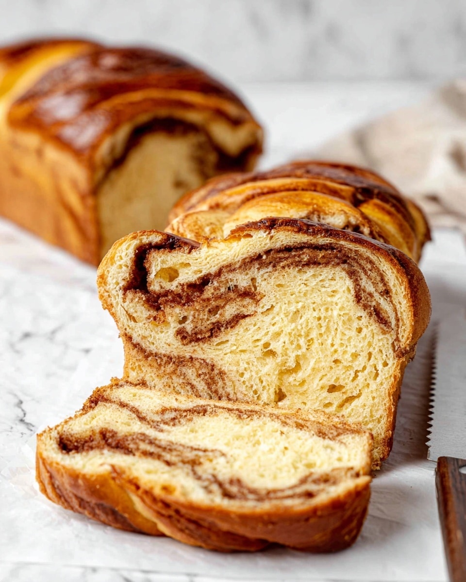 A loaf of cinnamon swirl bread is shown sliced on white parchment paper with a white marbled surface underneath. The bread has a golden-brown crust on the outside with a soft, light yellow inside. There are visible swirls of dark brown cinnamon running through each slice, creating a layered pattern. The loaf in the background is whole, also with a shiny golden-brown crust. A serrated knife lies next to the sliced bread on the right side. Photo taken with an iphone --ar 4:5 --v 7