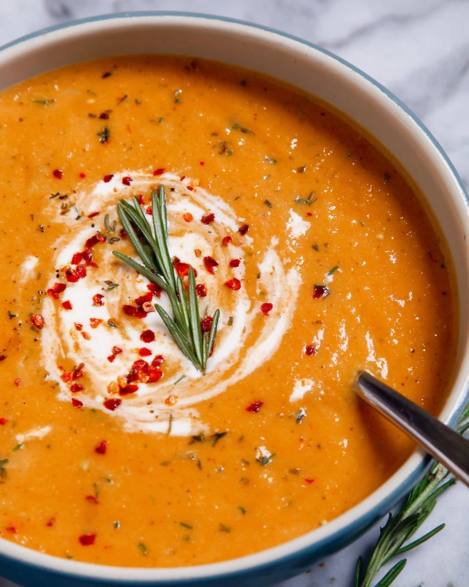 A close-up of a creamy orange soup served in a white bowl, showing a thick texture with small bits of herbs mixed inside. The soup is decorated with a swirl of white cream on top, sprinkled with red chili flakes and garnished with two sprigs of fresh green rosemary placed near the center. A metal spoon is partially dipped into the soup at the right edge of the bowl, all set against a white marbled textured background. photo taken with an iphone --ar 4:5 --v 7