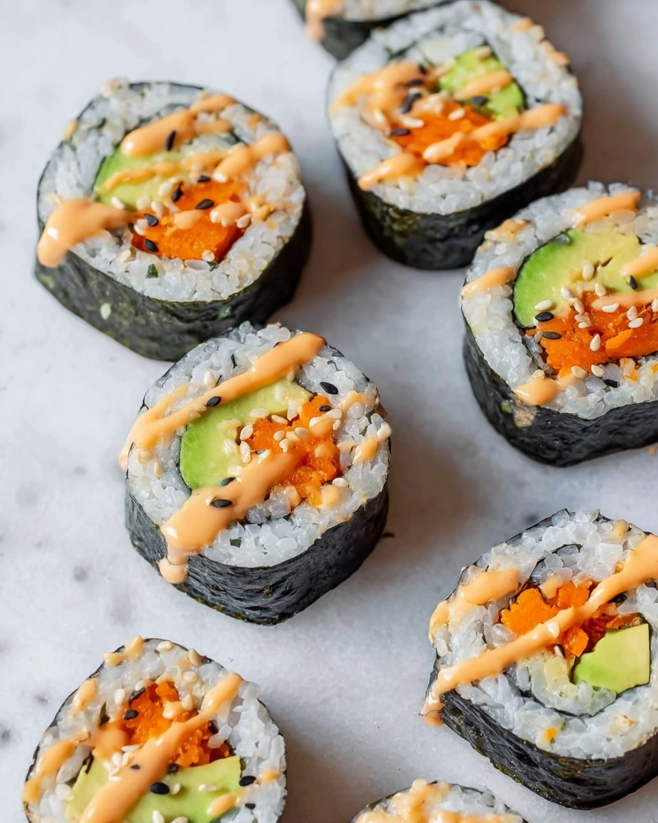 The image shows several slices of sushi rolls laid out on a white marbled surface. Each sushi piece has four main layers: the outer layer is a dark green seaweed wrap; inside it is a thick ring of white sticky rice with a slightly shiny texture; within the rice, there are bright orange pieces of carrot and fresh light green slices of avocado placed next to each other; drizzled over the top is a light orange creamy sauce with small sesame seeds sprinkled across the surface, adding texture and color contrast. photo taken with an iphone --ar 4:5 --v 7
