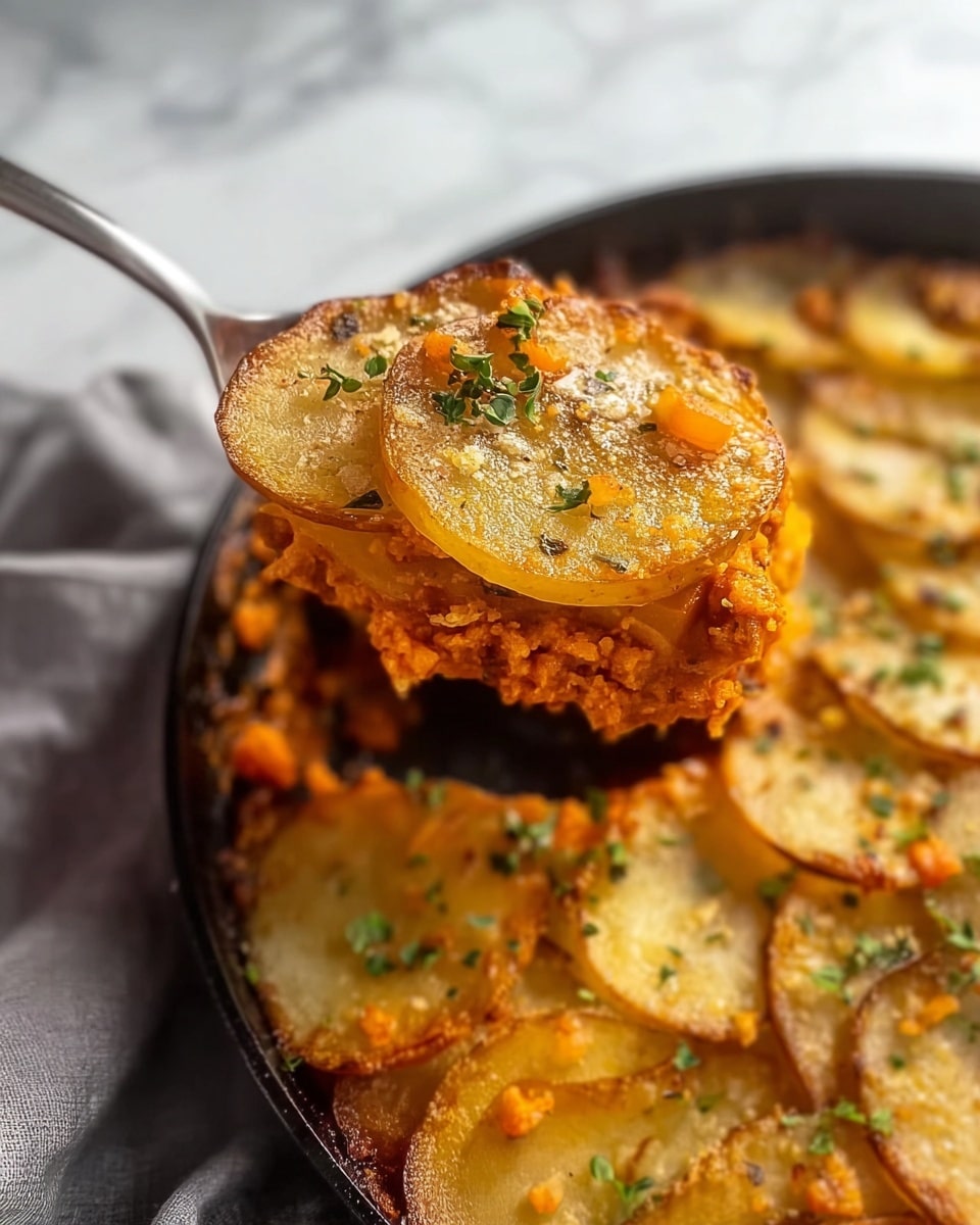 The image shows a close-up of a spoon holding a layered dish with a golden-brown potato slice on top. This top layer is thin, slightly crispy, and sprinkled with small green herbs and tiny orange bits. Below this layer, there is a visible rich orange filling with a crumbly texture. The dish is served in a black pan, where the potato slices are arranged in a circular pattern, each browned and seasoned, forming multiple overlapping layers. The background surface is a white marbled texture with a soft gray cloth nearby. Photo taken with an iphone --ar 4:5 --v 7