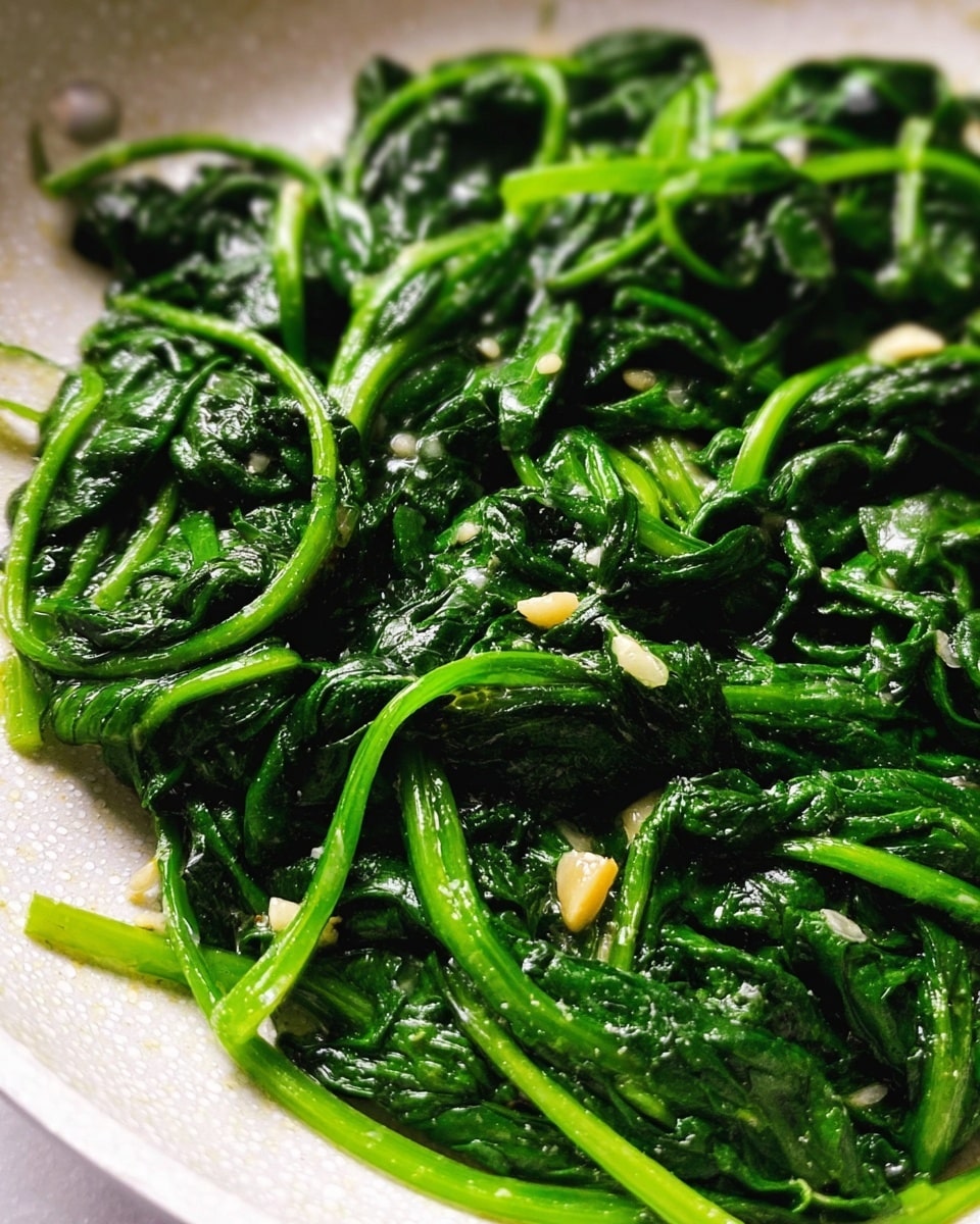A close-up view of bright green cooked spinach leaves with stems, lightly wilted and shiny from oil, spread evenly in a white pan. Small pieces of minced garlic are scattered over the spinach, adding texture and contrast. The pan is set on a white marbled surface. photo taken with an iphone --ar 4:5 --v 7
