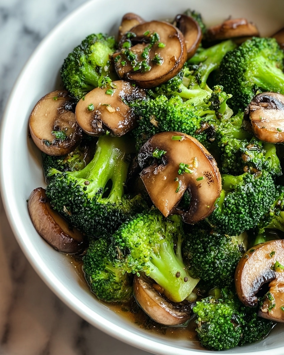 A close-up view of a white bowl filled with cooked broccoli and sliced mushrooms. The broccoli is bright green with a firm, textured appearance, and is spread evenly throughout the dish. The mushrooms are brown, cut into thick slices, and have a glossy, slightly oily surface with small bits of green herbs scattered on top. The vegetables look fresh and lightly seasoned, sitting together in a shallow layer of sauce. The bowl is placed on a white marbled surface. photo taken with an iphone --ar 4:5 --v 7