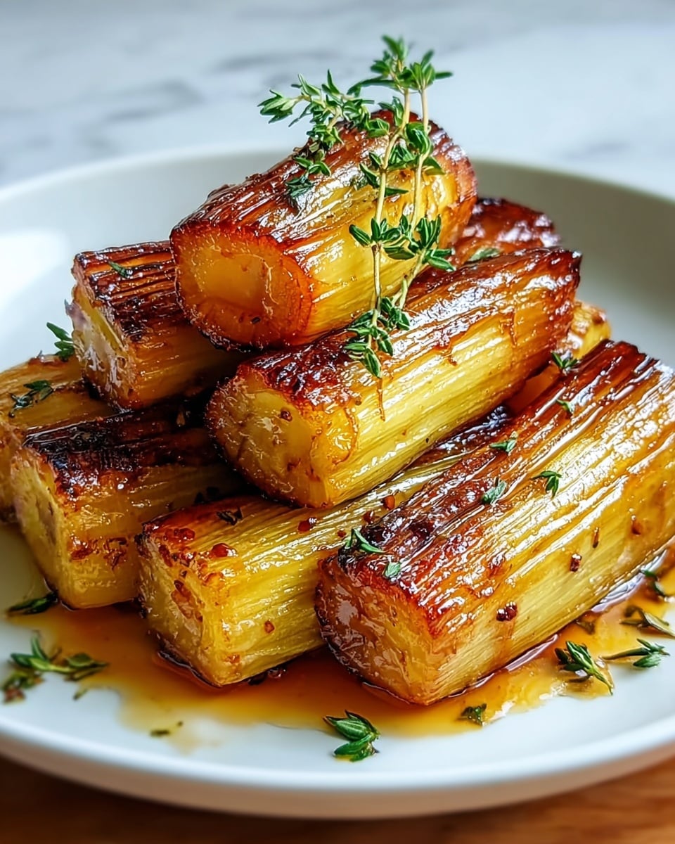 The image shows a white round plate holding a stack of roasted leeks cut into thick, short segments. The leeks have a golden brown and slightly charred surface with a shiny glaze, indicating they are cooked with a syrupy sauce. Some fresh green herb sprigs, likely thyme, rest on top of the leeks, adding a touch of color. The plate is set on a white marbled surface, with soft natural light highlighting the texture and gloss of the food. photo taken with an iphone --ar 4:5 --v 7