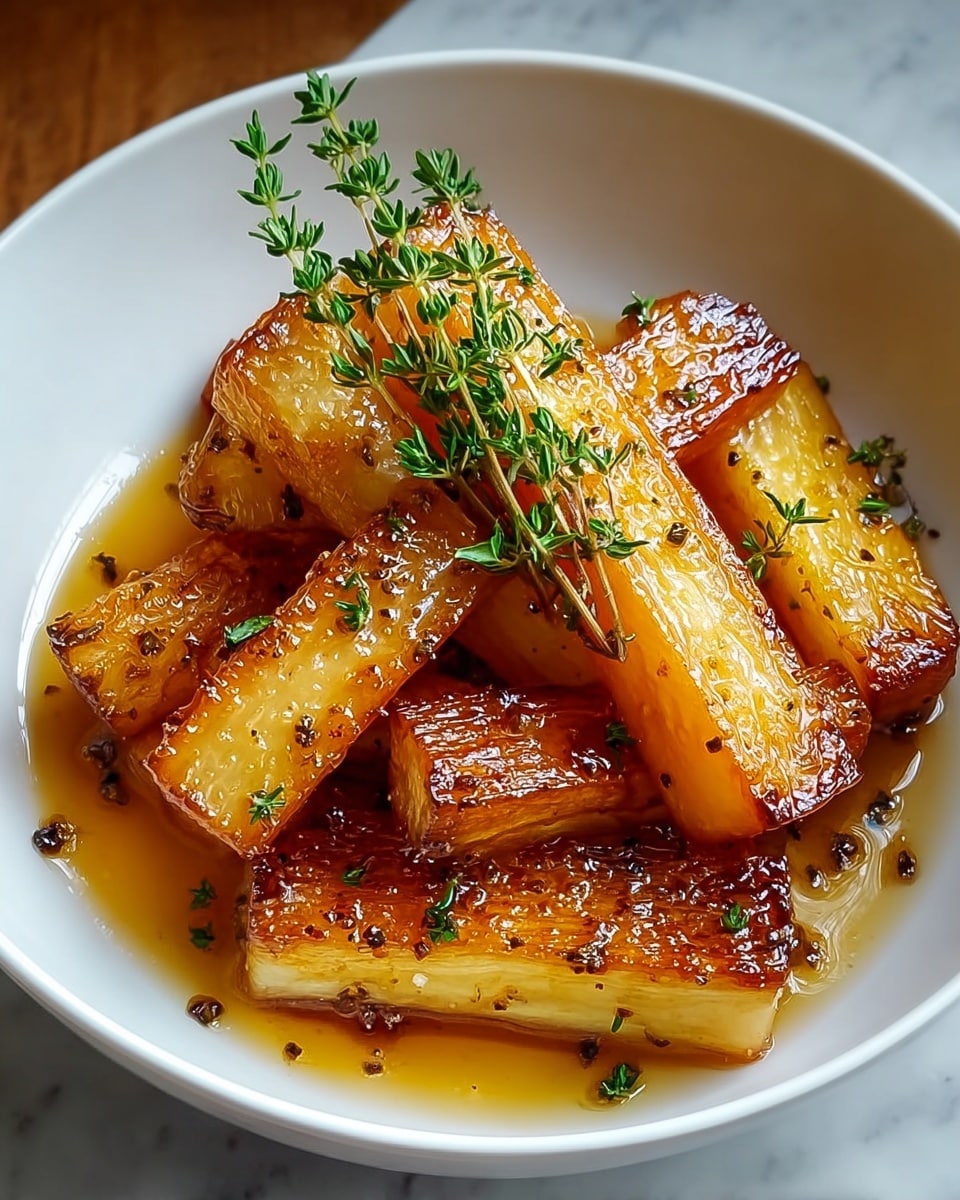 A white bowl holds several thick, golden-brown roasted sticks of a root vegetable, each with a caramelized, slightly crispy exterior and tender inside. The sticks are stacked in layers, glistening with a shiny, herb-infused glaze that pools slightly at the bottom of the bowl. A sprig of fresh green thyme rests on top, adding a touch of vibrant color and freshness. The dish sits on a white marbled texture surface, giving it a clean and elegant presentation. Photo taken with an iphone --ar 4:5 --v 7