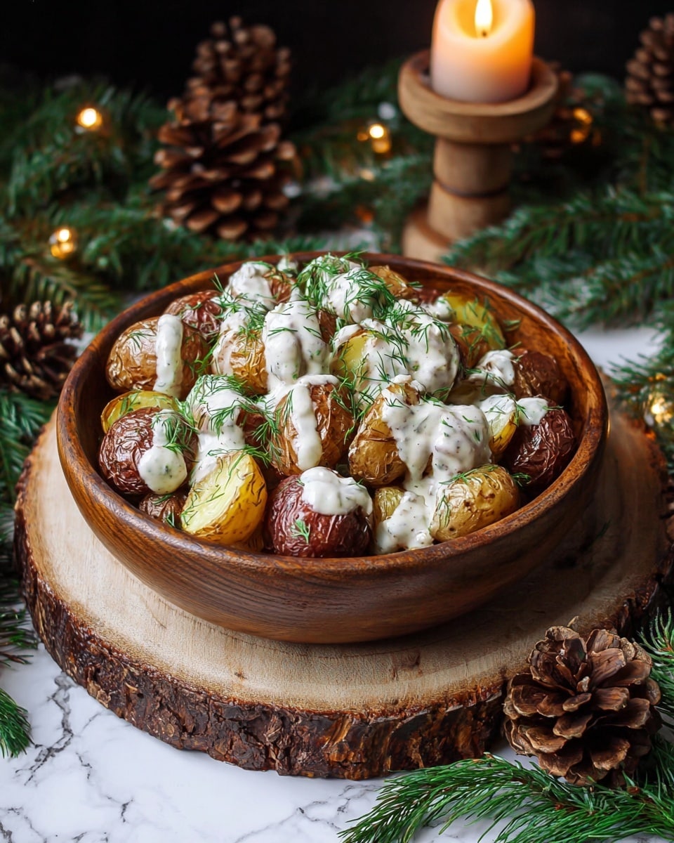 A wooden bowl filled with layered roasted baby potatoes in two colors, brown and golden yellow, cut in halves with a slightly crispy texture. The potatoes are topped with a thick, creamy white sauce drizzled unevenly over them, mixed with sprigs of fresh green dill sprinkled all over. The bowl is placed on a round wooden slice, surrounded by pine branches and several pinecones in the background, with a softly glowing lit candle on a rustic wooden holder behind. The surface beneath the setup is a white marbled texture. photo taken with an iphone --ar 4:5 --v 7