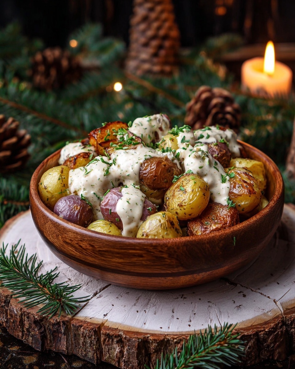 The image shows a bowl filled with roasted baby potatoes in different colors, including golden yellow, light brown, and purple-brown. The potatoes are cut in halves and have a crispy texture on their skin. They are topped with a creamy white sauce, which is thick and spreads unevenly over the potatoes. Small green herbs are sprinkled on top of the sauce, adding a fresh contrast. The bowl is wooden with a smooth texture and is placed on a tree slice that shows its bark. The background has a dark tone, decorated with pine branches, pine cones, and a lit candle, giving a cozy and warm feeling. The surface is a white marbled texture. photo taken with an iphone --ar 4:5 --v 7