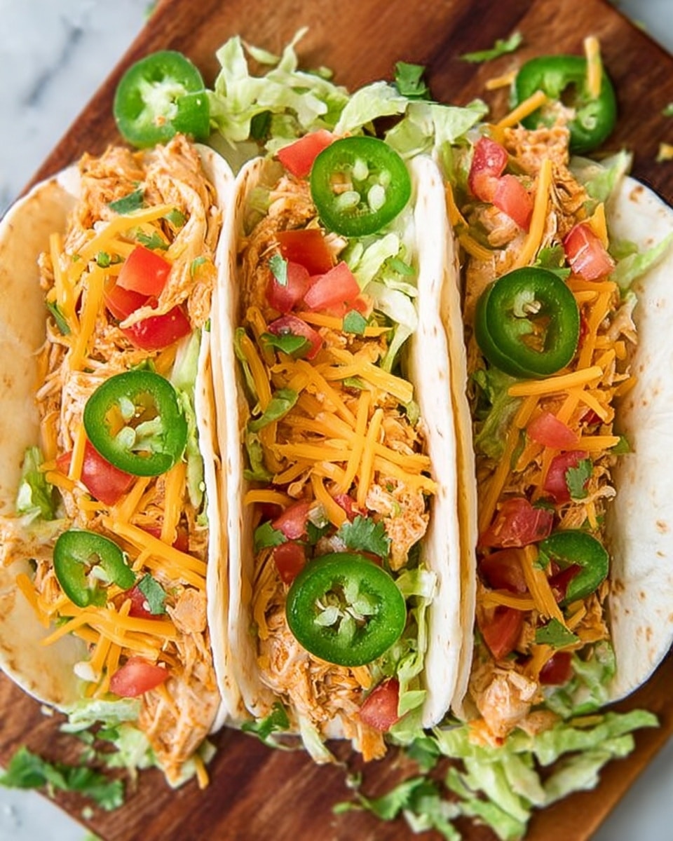 Three soft white flour tacos are arranged side by side on a wooden board over a white marbled surface. Each taco has several visible layers: the bottom layer consists of shredded cooked chicken with a light orange tint; next is a sprinkling of chopped red tomatoes and light green lettuce; topped with bright orange shredded cheddar cheese and garnished with fresh green jalapeño slices and small green cilantro leaves. The tacos are open-faced, showing the colorful mix inside clearly. Photo taken with an iphone --ar 4:5 --v 7