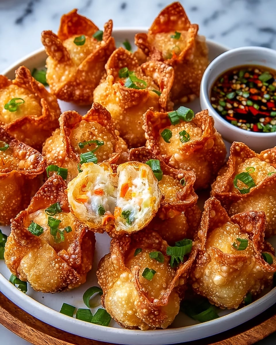 A round white plate filled with many golden brown fried wontons, each shaped like small pouches with a bubbly, crispy texture on their surface. One wonton is cut open showing a white filling mixed with small bits of green herbs and thin orange carrot strips. The wontons are garnished with chopped green onions scattered around them on the plate. At the back of the plate, there is a small white bowl of dipping sauce with visible red chili flakes and seeds floating in a dark liquid. The plate sits on a wooden tray over a white marbled background. Photo taken with an iphone --ar 4:5 --v 7
