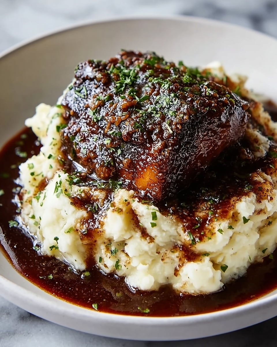 A white plate holds a thick base layer of creamy mashed potatoes with a soft, fluffy texture and some green herb flakes sprinkled throughout. On top of the mashed potatoes is a large piece of dark brown, crispy crusted meat with a slightly rough texture and a shiny glaze, likely from a rich sauce that also pools around the base of the potatoes. The sauce is deep brown and glossy, adding a moist look to the dish, while small bits of herbs are visible on the meat’s crust, giving a fresh touch. The whole dish is set on a surface with a white marbled texture. Photo taken with an iphone --ar 4:5 --v 7