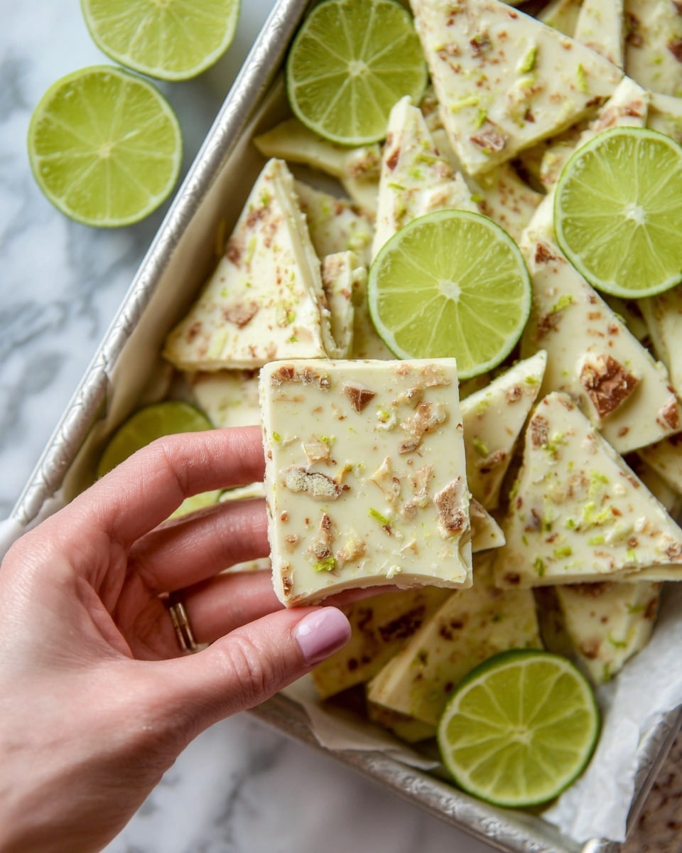 The image shows a close-up of a square broken into triangular pieces of white bark bark chocolate with a rough texture, studded with small brown bits and light green specks spread evenly on top. A woman's hand is holding one triangle piece at the front center. Behind it, a white-lined metal tray is filled with more pieces and several lime slices placed randomly. The lime slices have a bright green peel and a juicy light green inside. The whole scene is on a white marbled surface. photo taken with an iphone --ar 4:5 --v 7