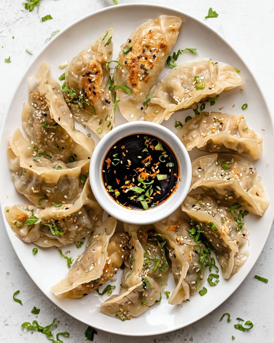 A white plate filled with about fifteen small dumplings arranged in a loose circle. Each dumpling has a light golden brown color with some crispy edges and a smooth, slightly translucent skin showing hints of the filling inside. They are topped with scattered white sesame seeds and small chopped green herbs, adding spots of green and white. In the top center of the plate sits a small white bowl filled with dark soy dipping sauce, dotted with finely chopped light orange and white pieces, and garnished with green herbs floating on top. The plate is placed on a white marbled surface with some extra chopped herbs scattered lightly around it. photo taken with an iphone --ar 4:5 --v 7