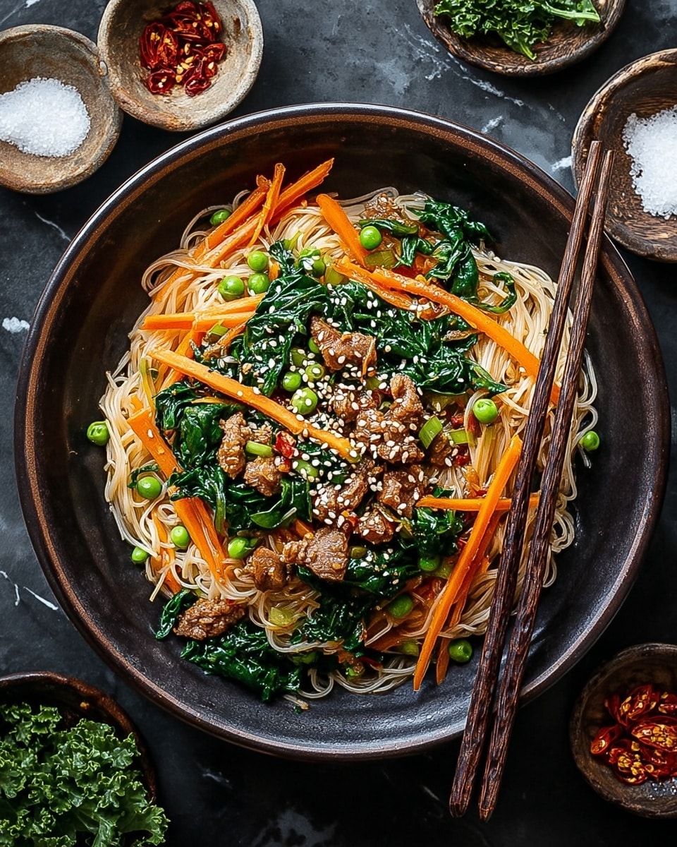 A dark bowl filled with thin, light-colored noodles forming the base layer, topped with a mix of bright orange carrot sticks, green peas, and wilted dark green spinach leaves. Scattered on top are small pieces of browned meat and sprinkled white sesame seeds. A pair of dark wooden chopsticks rest on the right side of the bowl. The bowl sits on a white marbled surface with small rustic bowls of salt, leafy greens, and red chili flakes around it. Photo taken with an iphone --ar 4:5 --v 7