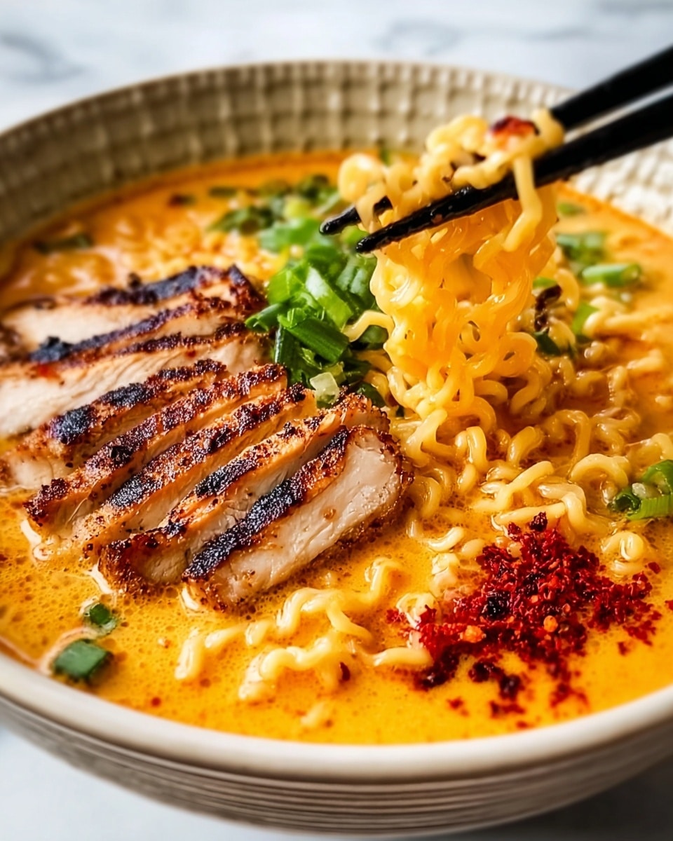 The image shows a bowl of ramen with several layers. At the bottom, there is a rich, creamy orange broth that fills most of the bowl. On top of the broth, there are tightly curled, yellow noodles being lifted by black chopsticks from the right side. To the left of the noodles, there are slices of grilled chicken breast, browned with char marks and arranged in a fan shape. Around the chicken and noodles, there are small green onion pieces scattered for color. Near the front edge of the bowl, there is a small pile of red chili powder adding a bright contrast. The bowl is white with a textured rim and sits on a white marbled surface. photo taken with an iphone --ar 4:5 --v 7