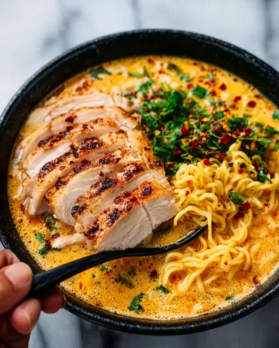 The image shows a black bowl filled with a rich, creamy soup that has a yellow-orange color. Inside the bowl, there is a layer of curly yellow noodles partially covered by slices of cooked chicken breast with a light brown grilled texture, topped with red chili flakes. Green chopped herbs are sprinkled on top, adding a fresh look. A black spoon is scooping some noodles and chicken, held by a woman's hand. The background is a white marbled texture. photo taken with an iphone --ar 4:5 --v 7