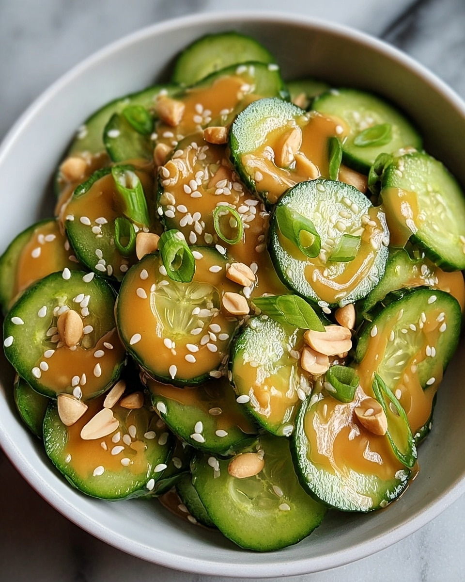A bowl filled with thick round slices of bright green cucumber layered evenly, each slice coated with a smooth, glossy light brown sauce. Scattered on top are small white sesame seeds and pale peanut pieces, along with thinly sliced green onions adding a fresh pop of darker green. The bowl is white, and the setting is on a white marbled surface. photo taken with an iphone --ar 4:5 --v 7