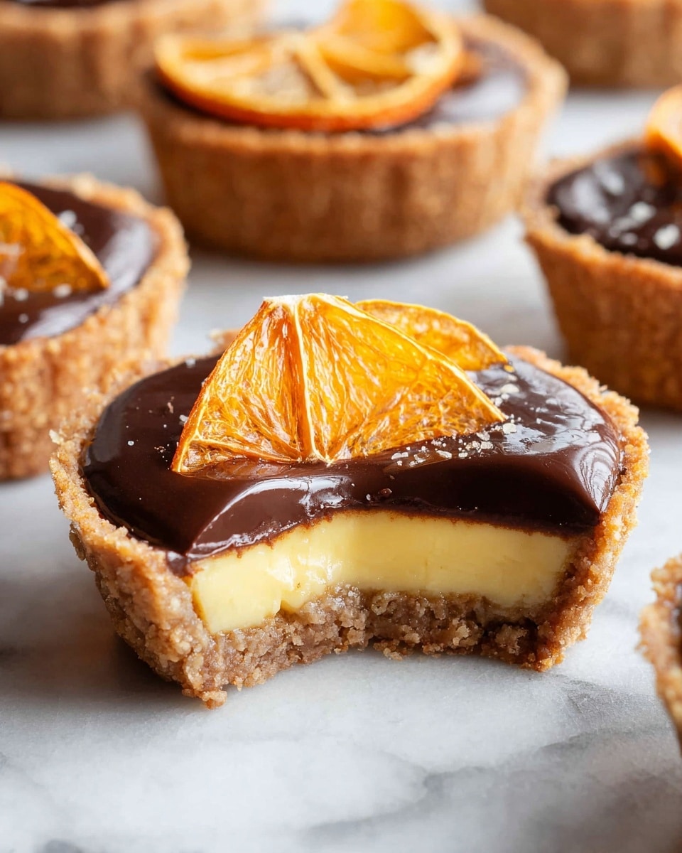 A close-up of a small tart with three layers: a thick, crumbly light brown crust at the bottom, a smooth creamy yellow custard filling in the middle, and a shiny dark brown chocolate layer on top. On the chocolate layer, there are two thin dried orange slices standing upright near the edge. The tart has a bite taken out of it, showing the layers clearly. The tart is placed on a white marbled surface with several similar tarts blurred in the background. photo taken with an iphone --ar 4:5 --v 7