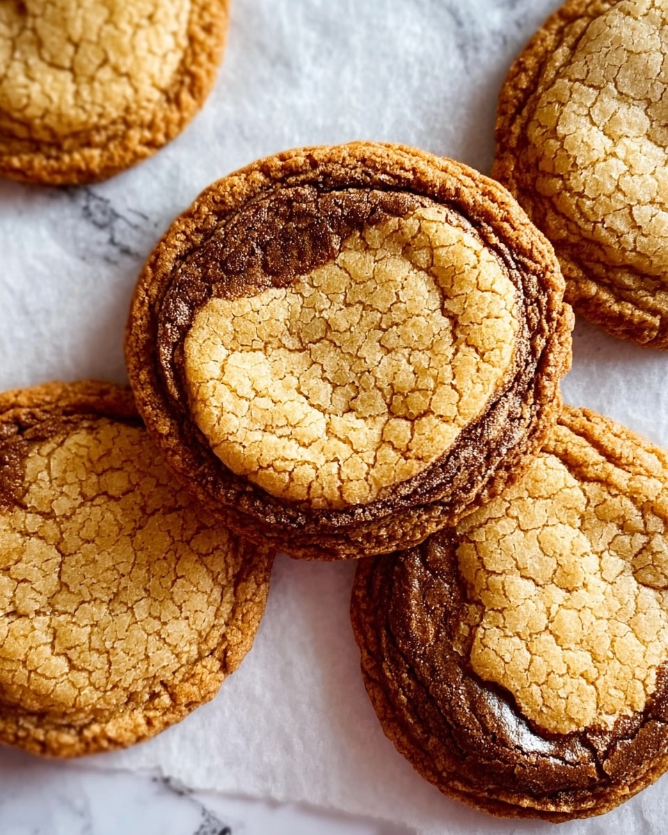 The image shows a close-up of five round cookies with a cracked top texture. Each cookie has a golden-brown edge with a darker brown, slightly sunken center. The cookies rest on a sheet of white parchment paper placed over a white marbled surface. The edges of the cookies look crisp, while the centers appear softer and slightly glossy, showing variation in texture and color. The arrangement is casual, with some cookies overlapping slightly, giving a warm, homemade feel. photo taken with an iphone --ar 4:5 --v 7