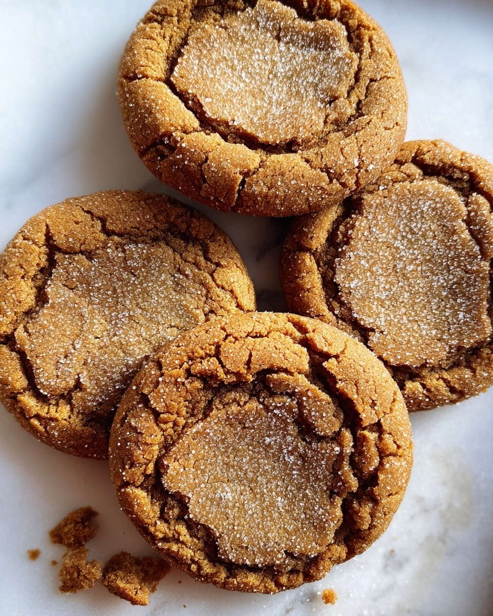 Four round brown ginger cookies with cracked tops sit close together on a white marbled surface. Each cookie has a slightly darker, rough edge that curls up around a lighter, cracked center with a sugar-dusted texture. The cookies look soft inside with a slightly crisp outer crust. Some crumbs are scattered lightly around the cookies on the marbled surface. photo taken with an iphone --ar 4:5 --v 7