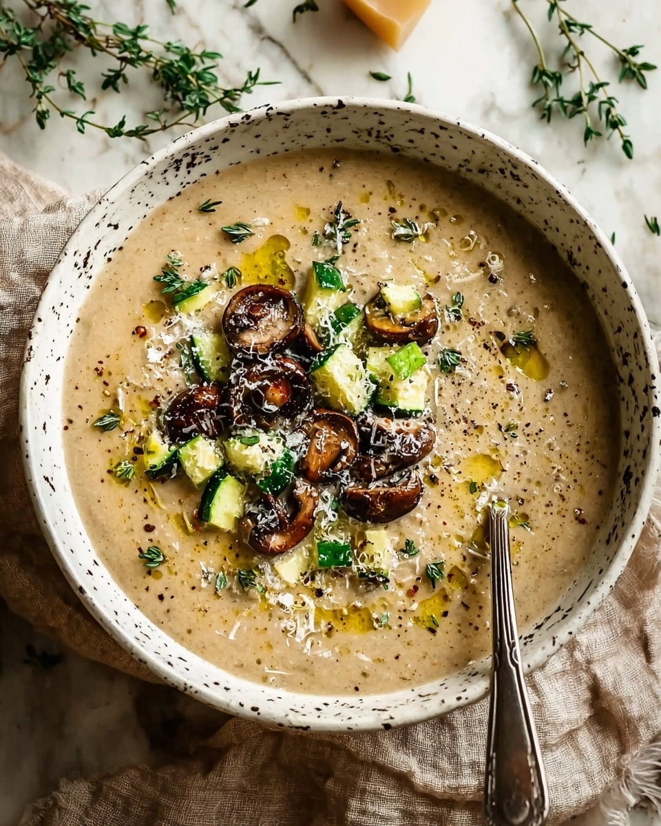 A rustic, thick beige soup fills a white bowl with dark speckles around its edges. On top, there is a small mound of diced green zucchini, glossy sautéed brown mushrooms, and a sprinkle of finely grated white cheese. Tiny green herb leaves are scattered on the soup, with a drizzle of golden olive oil creating a shiny contrast on the surface. A vintage silver spoon rests inside the bowl, partially submerged in the soup. The bowl sits on a light brown cloth with fresh thyme sprigs nearby, all against a white marbled textured background. Photo taken with an iphone --ar 4:5 --v 7