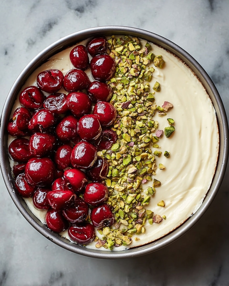 A round baking pan filled with a creamy off-white layer of smooth cheesecake batter, topped on one side with a dense pile of halved bright red cherries that look shiny and fresh, and on the other side with a generous heap of chopped green pistachio nuts piled in a rough mound; the pan sits on a white marbled surface. photo taken with an iphone --ar 4:5 --v 7