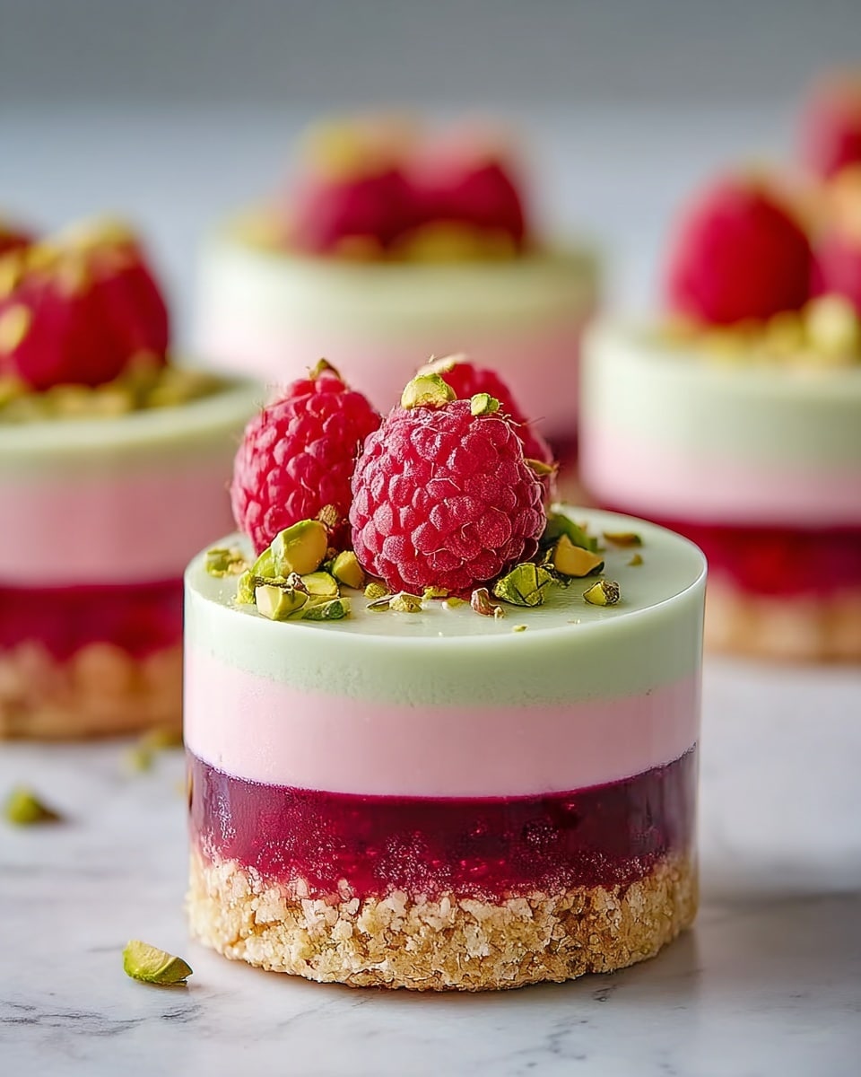 The image shows small round desserts with four clear layers, placed on a white marbled surface. The bottom layer is a crumbly golden-brown base, followed by a thick, deep red jelly-like layer with visible seeds. Above that is a smooth, light pink creamy layer, and on top sits a pale green creamy layer. The dessert is garnished with fresh red raspberries and small chopped green pistachios scattered on the top layer. Photo taken with an iphone --ar 4:5 --v 7