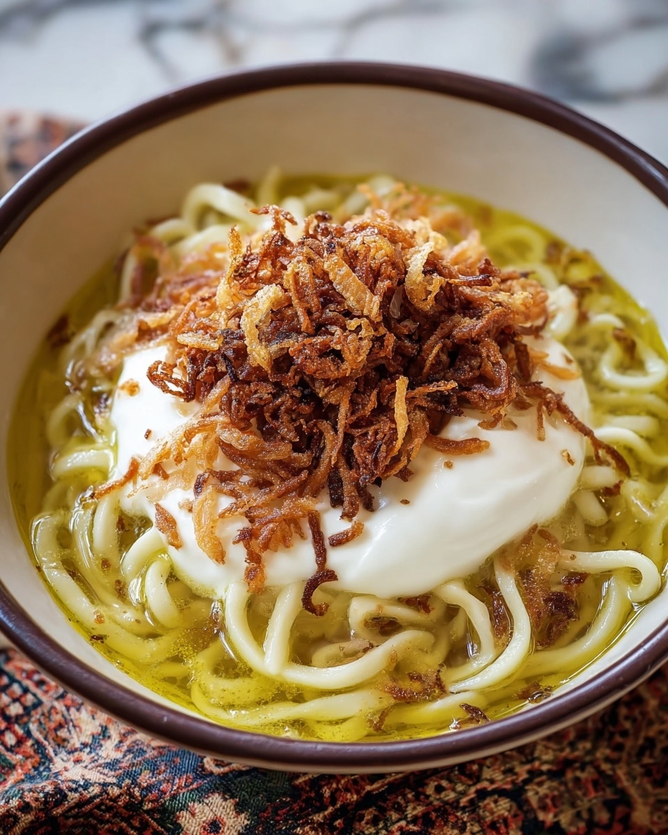 A bowl filled with thick pale yellow noodles sitting in a clear yellow broth with a slight oily shine. On top of the noodles, there is a large dollop of smooth white cream, and over the cream, a generous mound of crispy fried onions with a deep golden to dark brown color and crunchy texture. The bowl is white with a dark brown rim and the scene is set on a white marbled surface with a patterned cloth edge visible. Photo taken with an iphone --ar 4:5 --v 7
