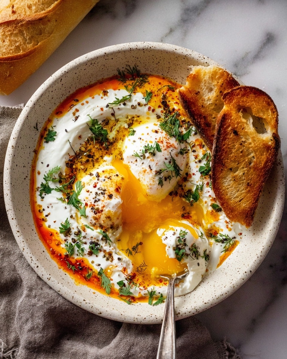 A white speckled bowl holds a layered dish starting with a creamy white base covered by a soft white poached egg, drizzled with bright orange-red oil and sprinkled with green herbs and black pepper. One section of the egg yolk is broken, showing a runny, golden yellow center. Two toasted bread slices with a golden brown crust rest on the right side of the bowl, slightly dipped into the creamy blend. A silver spoon is placed on the left side inside the bowl. The bowl sits on a white marbled surface with parts of a baguette and a gray cloth partially visible nearby. Photo taken with an iphone --ar 4:5 --v 7