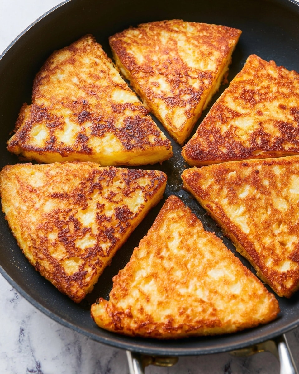 The image shows five triangular pieces of golden brown fried bread arranged closely together in a black non-stick pan. Each triangle has a crispy, textured outer layer with uneven browning patterns ranging from light golden to darker caramel tones. The pieces appear thick and fluffy, with the edges slightly rounded and crisp. The pan handle is visible at the bottom, and the background surface is white marbled texture. photo taken with an iphone --ar 4:5 --v 7
