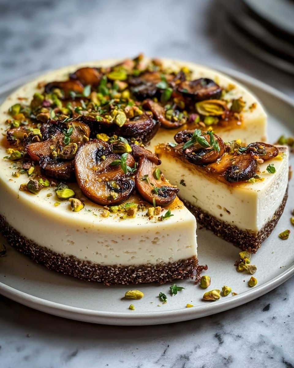 A round cheesecake with three main layers sits on a white plate on a white marbled surface. The bottom layer is a dark brown, crumbly crust, thick and even. The middle layer is a smooth, creamy white cheese filling, thick and dense. The top layer is a thin, golden-brown baked edge, slightly shiny. On top of the cheesecake, there are scattered roasted mushroom slices, golden brown with darker edges, and bright green pistachios. Small green herbs are sprinkled over everything, adding a fresh touch. One slice is cut out, showing the clean layers inside. Photo taken with an iphone --ar 4:5 --v 7