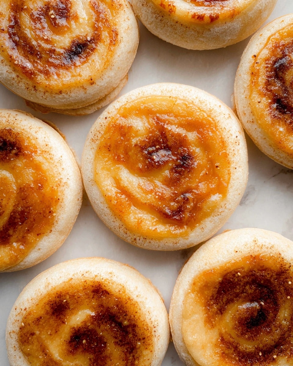 The image shows several round pastries arranged closely on a white marbled surface. Each pastry has two layers: a thin, pale beige base with a powdery texture and a thicker, golden-brown, shiny top layer that looks soft with some caramelized spots. The top layer appears slightly puffed and glossy, showing swirled patterns and hints of cinnamon or sugar sprinkled on it. The overall look is warm and inviting, with a contrast between the matte base and the glazed top. photo taken with an iphone --ar 4:5 --v 7