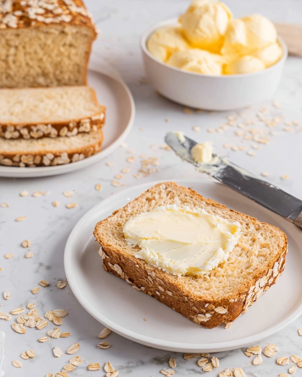 A close-up image of a thick slice of oat-topped bread on a white plate, with a small amount of creamy butter spread on the middle of the bread. The bread has a golden brown crust with oats stuck on the edges and a soft, light beige inside. Next to the plate is a butter knife with some butter on its blade. In the background, there is another white plate holding a similar slice of the oat-topped bread and a white bowl filled with several scoops of creamy yellow butter. The scene is set on a white marbled surface sprinkled with loose oats, creating a cozy and fresh look. photo taken with an iphone --ar 4:5 --v 7