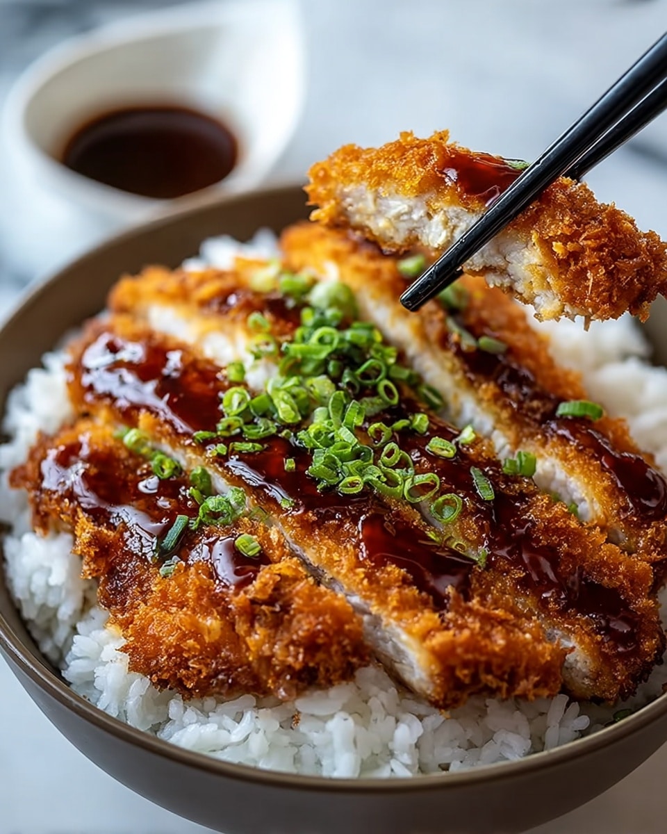 A bowl filled with white rice forms the base layer, with four thick slices of crispy golden-brown fried chicken placed closely on top. The chicken is covered with a shiny, dark brown sauce, and sprinkled with finely chopped green onions. Black chopsticks are holding one piece above the bowl, and a small white dipping dish with a dark sauce is slightly blurred in the background. The bowl is set on a white marbled surface. Photo taken with an iphone --ar 4:5 --v 7