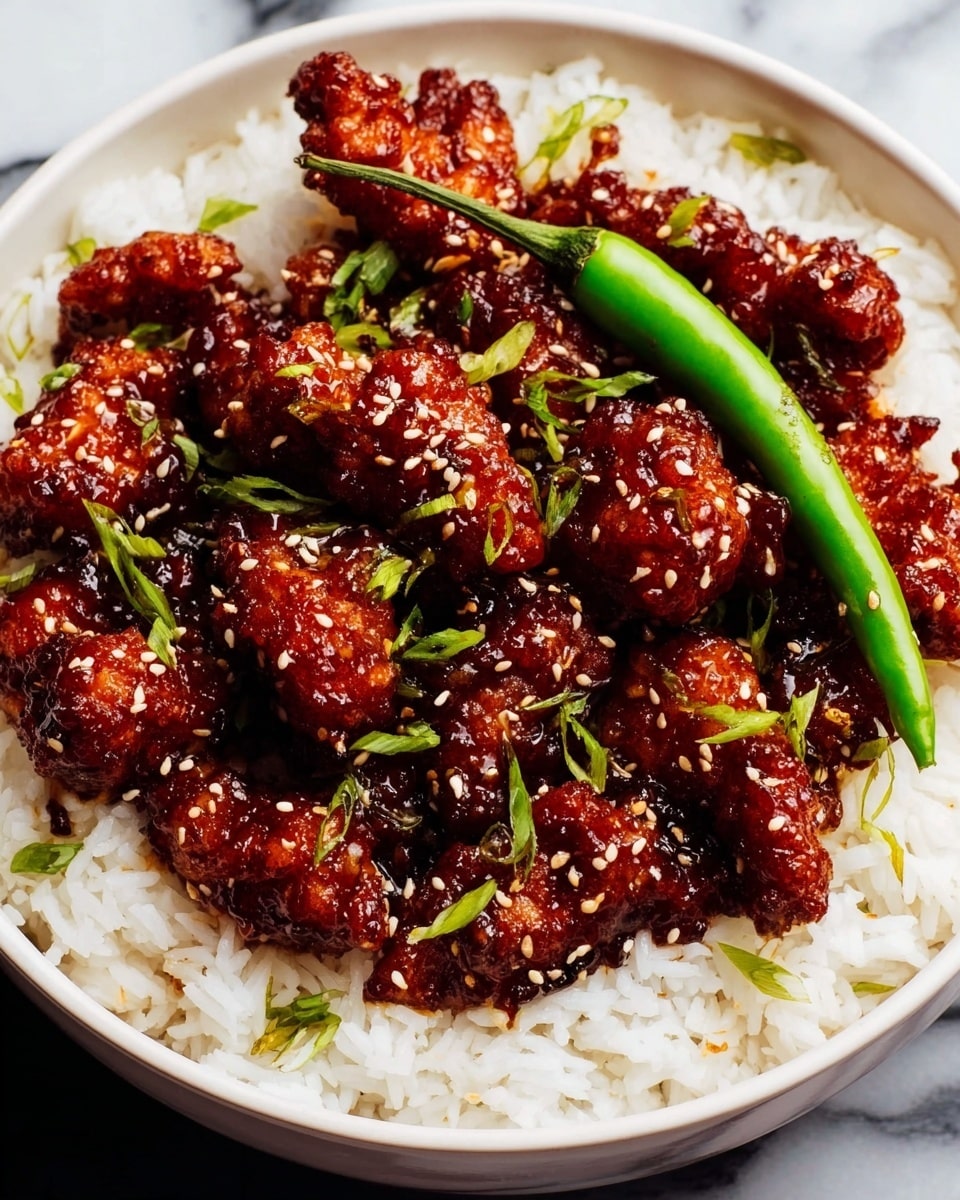 A bowl filled with a base layer of fluffy white rice, topped with several pieces of glazed, crispy fried chicken coated in a thick, shiny, dark reddish-brown sauce sprinkled with sesame seeds and small green chopped herbs. A whole green chili rests on top, adding a sharp contrast to the dish's colors. The bowl is white, placed on a white marbled surface. Photo taken with an iphone --ar 4:5 --v 7