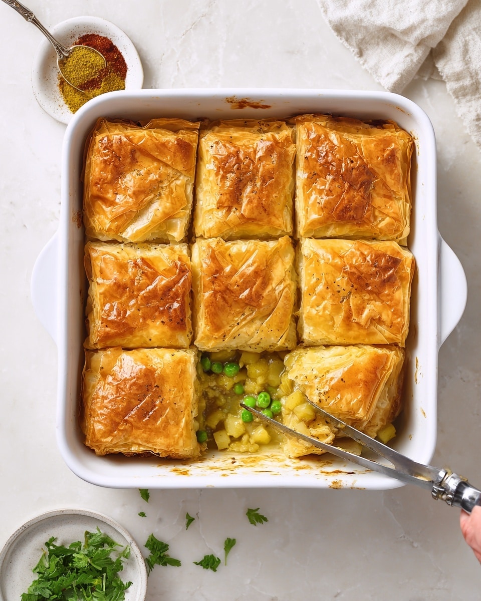 A square white baking dish contains a golden brown puff pastry pie cut into nine large square pieces with flaky, crisp layers on top. One piece has been lifted slightly with a knife, revealing a filling of green peas and small light yellow potato cubes beneath the pastry crust. The dish is placed on a white marbled surface with a small bowl of spice and fresh green herb sprigs nearby, while a woman's hand with a knife is cutting into the pie from the bottom of the image. Photo taken with an iphone --ar 4:5 --v 7