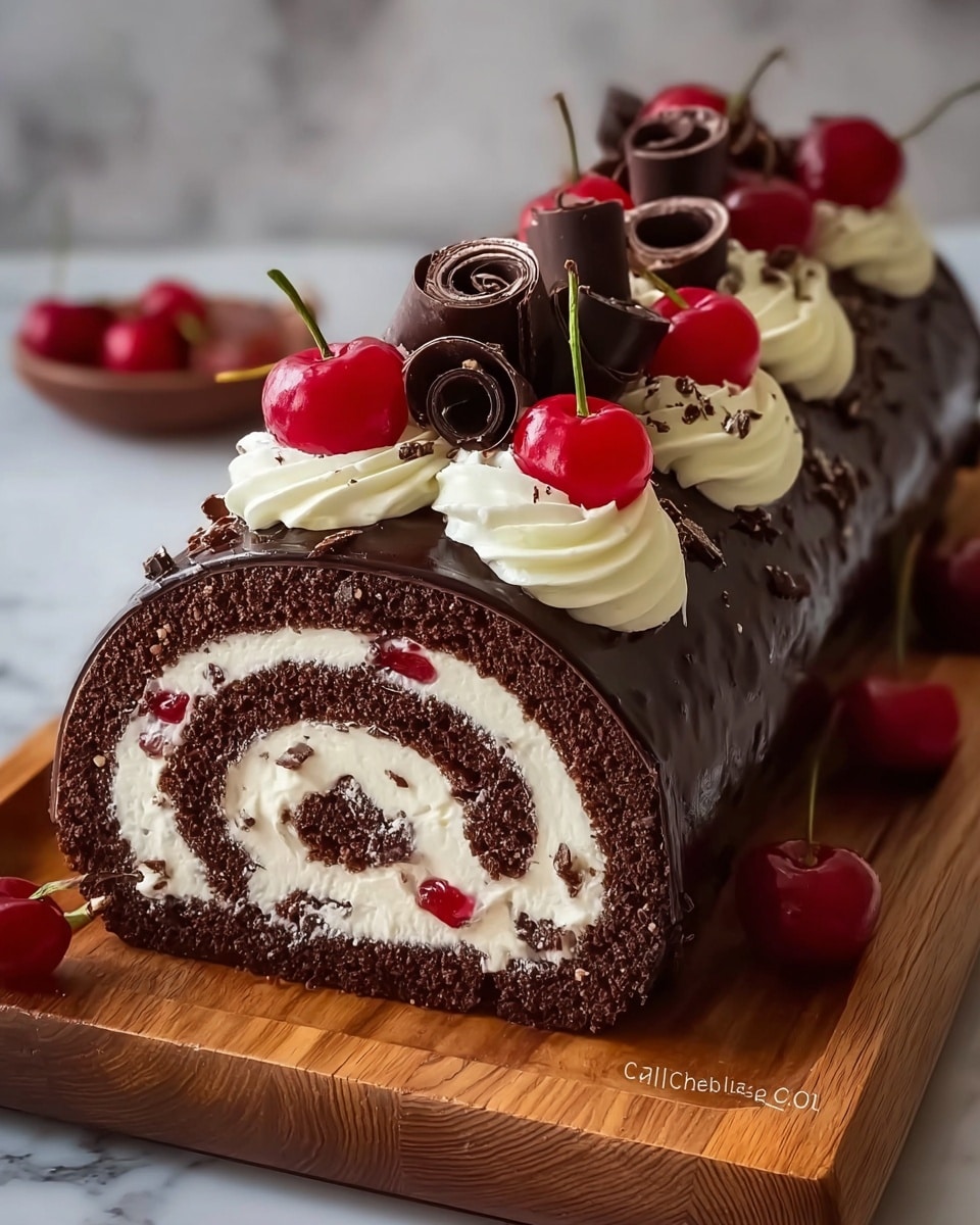 The image shows a rolled chocolate cake with a thick spiral of white cream filling that includes small bits of red fruit spread evenly through it. The outside of the cake is dark chocolate with a glossy finish, decorated with swirls of white cream on top. There are bright red cherries placed on top of the cream swirls, some with green stems. Dark chocolate curls are artfully placed among the cherries, adding texture and height. The cake is resting on a wooden board with a few extra cherries around it, and the background is changed to a white marbled texture. Photo taken with an iphone --ar 4:5 --v 7