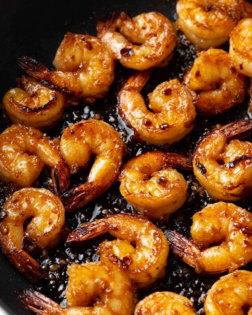 The image shows a close-up of many grilled shrimp in a black pan. Each shrimp is curled with a light orange color and shiny, slightly crispy texture from being cooked. The shrimp have browned edges and some black grill marks that give them a caramelized look. The tails are left on, showing a darker reddish-brown color. The background is the black pan surface, with some shiny spots of oil reflecting light. photo taken with an iphone --ar 4:5 --v 7