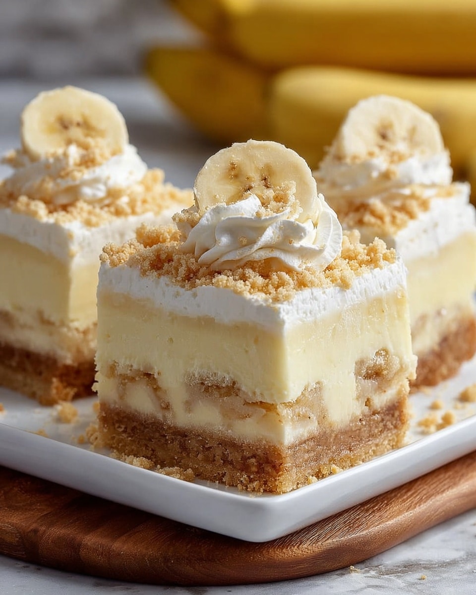 The image shows three square banana cream pie bars on a white plate, placed on a wooden board over a white marbled texture. Each bar has four visible layers: a crumbly, golden-brown crust at the bottom, a thick creamy pale yellow banana custard layer above it, followed by a layer of sliced bananas embedded within the cream filling, and topped with a fluffy white whipped cream layer sprinkled with light brown crumbs. Each piece is decorated on top with a swirl of whipped cream and a round banana slice, also sprinkled with crumbs. In the background, blurred whole bananas can be seen. Photo taken with an iphone --ar 4:5 --v 7