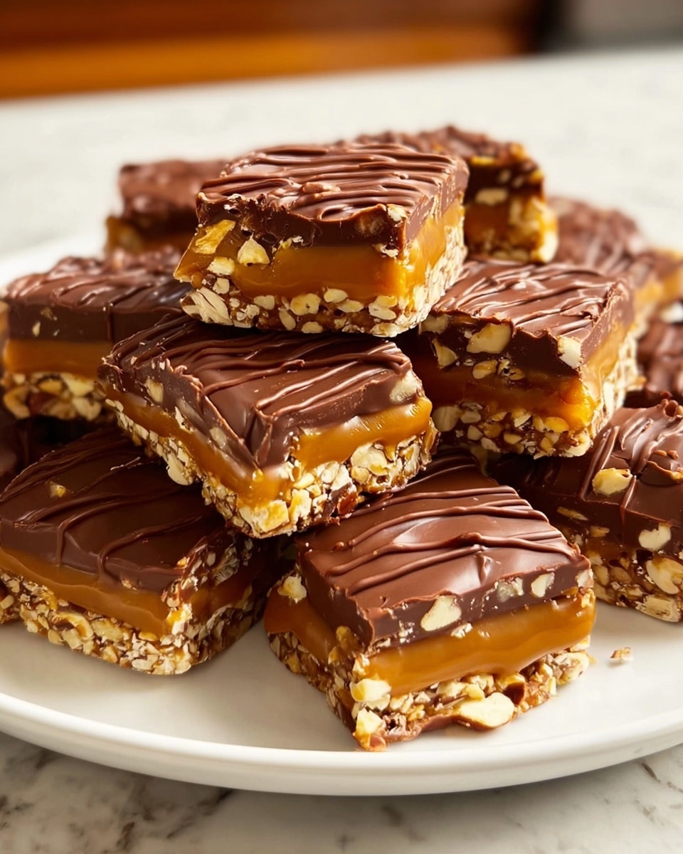 A white plate holds a stack of square chocolate caramel nut bars, each bar showing three layers: a bottom layer of crunchy nuts with a golden caramel middle, topped with a smooth milk chocolate layer that is drizzled with additional chocolate lines for decoration. The bars have a textured edge from the nuts peeking out, with the layers clearly visible on the sides. The plate is set on a white marbled surface, enhancing the warm colors of the caramel and chocolate. photo taken with an iphone --ar 4:5 --v 7