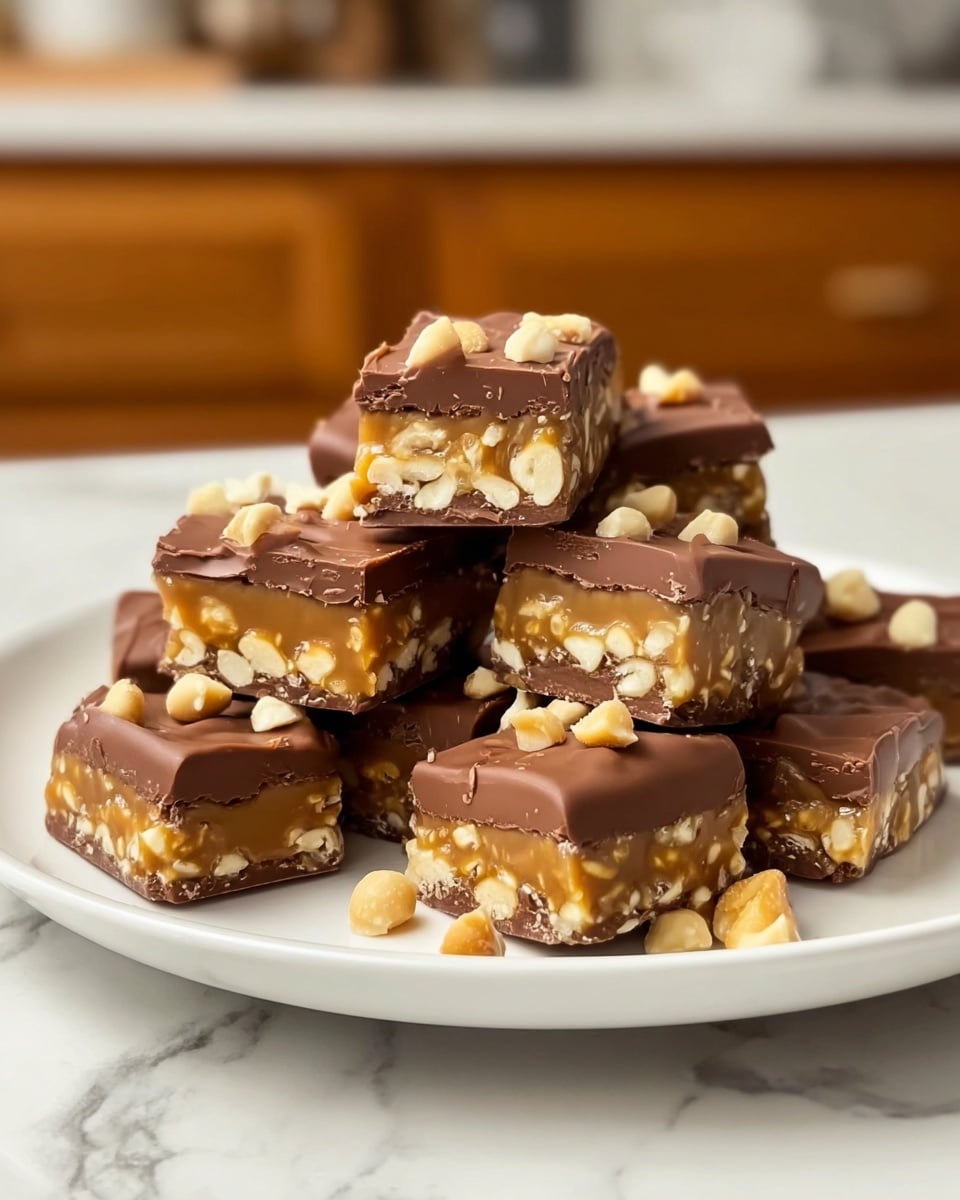 The image shows a stack of chocolate-covered caramel nut bars on a white plate. Each bar has three distinct layers: a bottom dark chocolate layer, a middle layer full of golden caramel mixed with white nuts, and a top layer of smooth milk chocolate with a few nut pieces sprinkled on top. The bars are cut into rectangles and arranged in a small pile, with the textures of the caramel and nuts visible on the sides and the shiny chocolate coating reflecting light gently. The scene is set on a white marbled surface with a blurred wooden kitchen background. Photo taken with an iphone --ar 4:5 --v 7