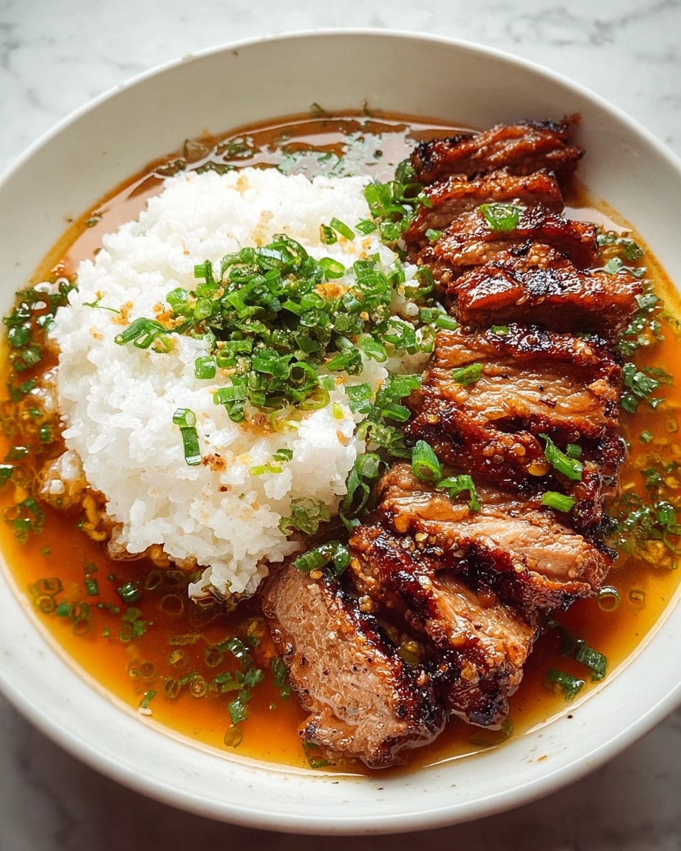A white bowl filled with two main layers: on one side, a mound of fluffy white rice with a slightly sticky texture, sprinkled with chopped fresh green onions; on the other side, several pieces of grilled meat with a rich brown, caramelized glaze and a slightly charred surface, arranged neatly in a row. The entire dish is surrounded by a clear, amber-colored broth with small bits of green onions floating in it, giving a fresh and savory look. The shoot shows fine details of the glaze on the meat and the softness of the rice, all set against a white marbled texture surface. Photo taken with an iphone --ar 4:5 --v 7