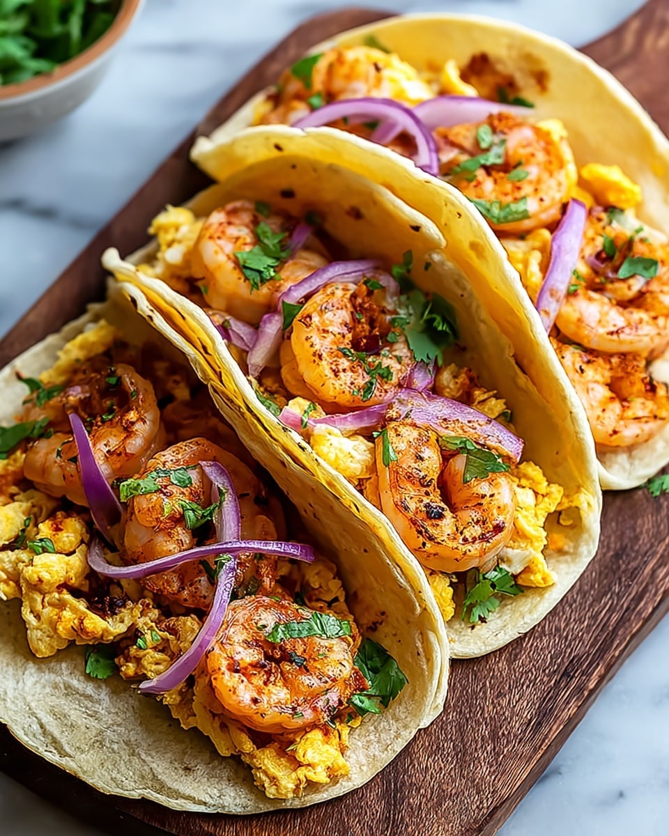 Three soft, light yellow corn tortillas are folded and placed close together on a wooden board over a white marbled surface. Each tortilla holds a filling of pink-orange grilled shrimp with a slight char, thin slices of purple-red onion, small green cilantro leaves, and light golden scrambled eggs mixed in. The texture shows the softness of the tortillas, the shrimp’s firm, curled shape, and the fresh, crisp onion and herb pieces. Photo taken with an iphone --ar 4:5 --v 7