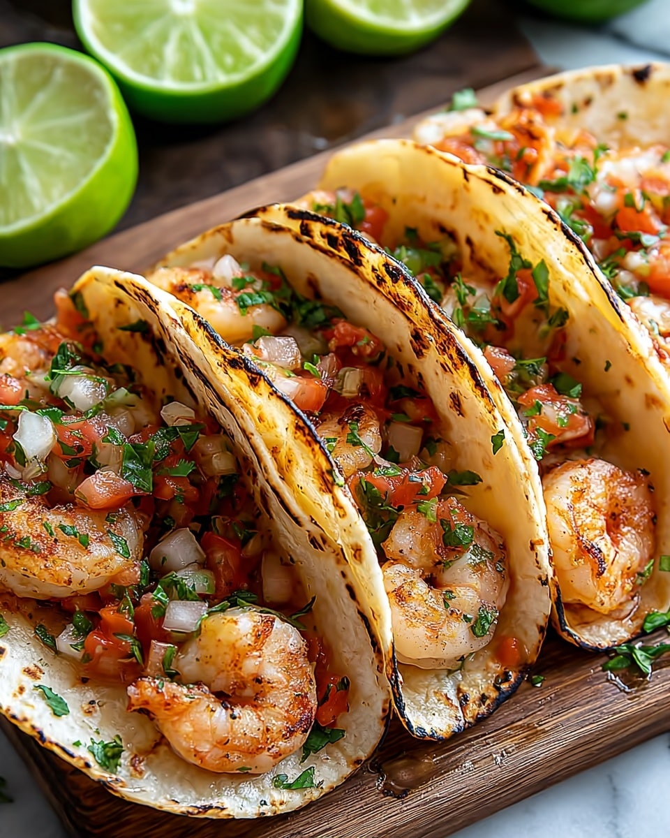 A close-up view of four shrimp tacos arranged side by side on a wooden board placed on a white marbled surface. Each taco is made with a soft, warm, slightly charred tortilla forming the base layer, filled with a layer of grilled shrimp that are pink with light brown grill marks, topped with diced light-colored onions and red tomatoes mixed with fresh green herbs. The tacos are tightly packed and garnished lightly with chopped green cilantro. In the background, there are halved bright green limes with visible juice droplets. Photo taken with an iphone --ar 4:5 --v 7