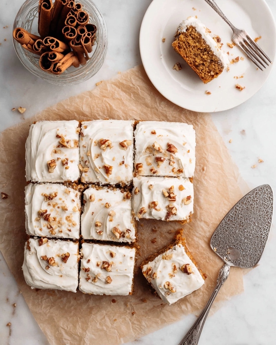 A square cake is cut into 12 equal pieces and placed on brown parchment paper on a white marbled surface. The cake has two layers: a thick, golden-brown base with visible bits of nuts, and a smooth white creamy frosting layer on top sprinkled with small pieces of nuts. One piece is missing from the bottom right corner, and another piece is on a white plate above the cake with a silver fork resting on the plate, holding a bite-sized piece of cake. To the left of the plate is a clear glass container filled with tightly rolled cinnamon sticks. Near the bottom right of the parchment paper is a vintage silver cake server with a cut-out pattern. photo taken with an iphone --ar 4:5 --v 7
